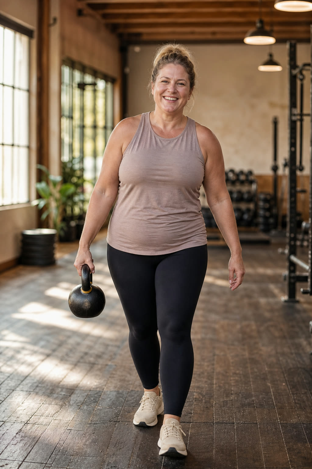 A woman with a strong, soft build carrying a kettlebell across a warm gym, smiling proudly