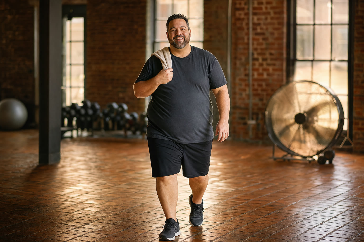 A heavier man mid-journey walking a warm gym floor with purpose and a big smile