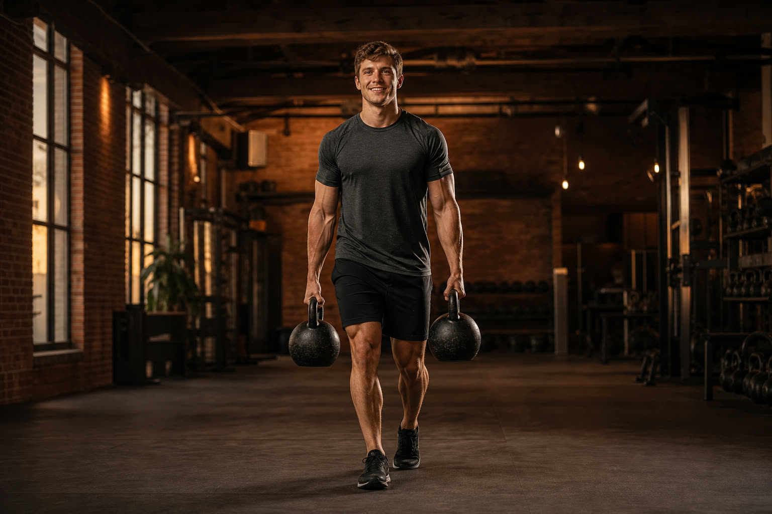 A young man carrying heavy weights across a warm gym in golden light, focused and joyful