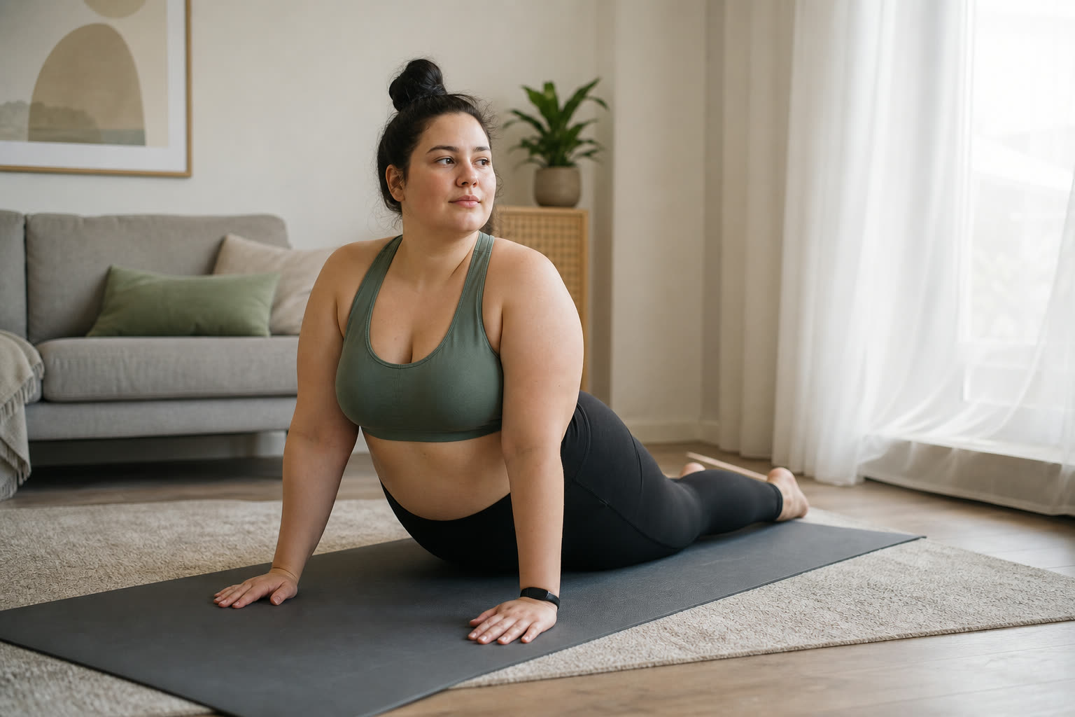 A early 20s woman with a full-figured curvy build holding a steady yoga stretch on a mat in a calm living room