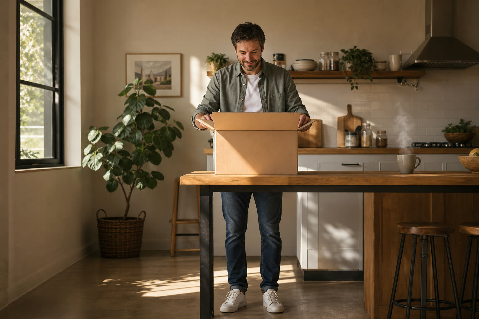 A man opening a plain unmarked delivery box at his kitchen counter in warm morning light