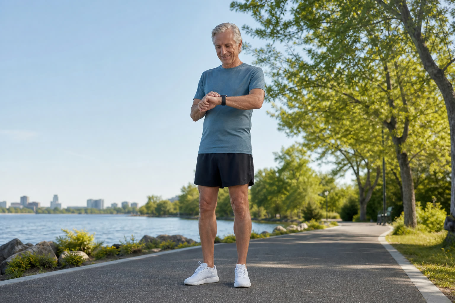 A 60s man with a lean build checking a smartwatch after a walk, satisfied with the number