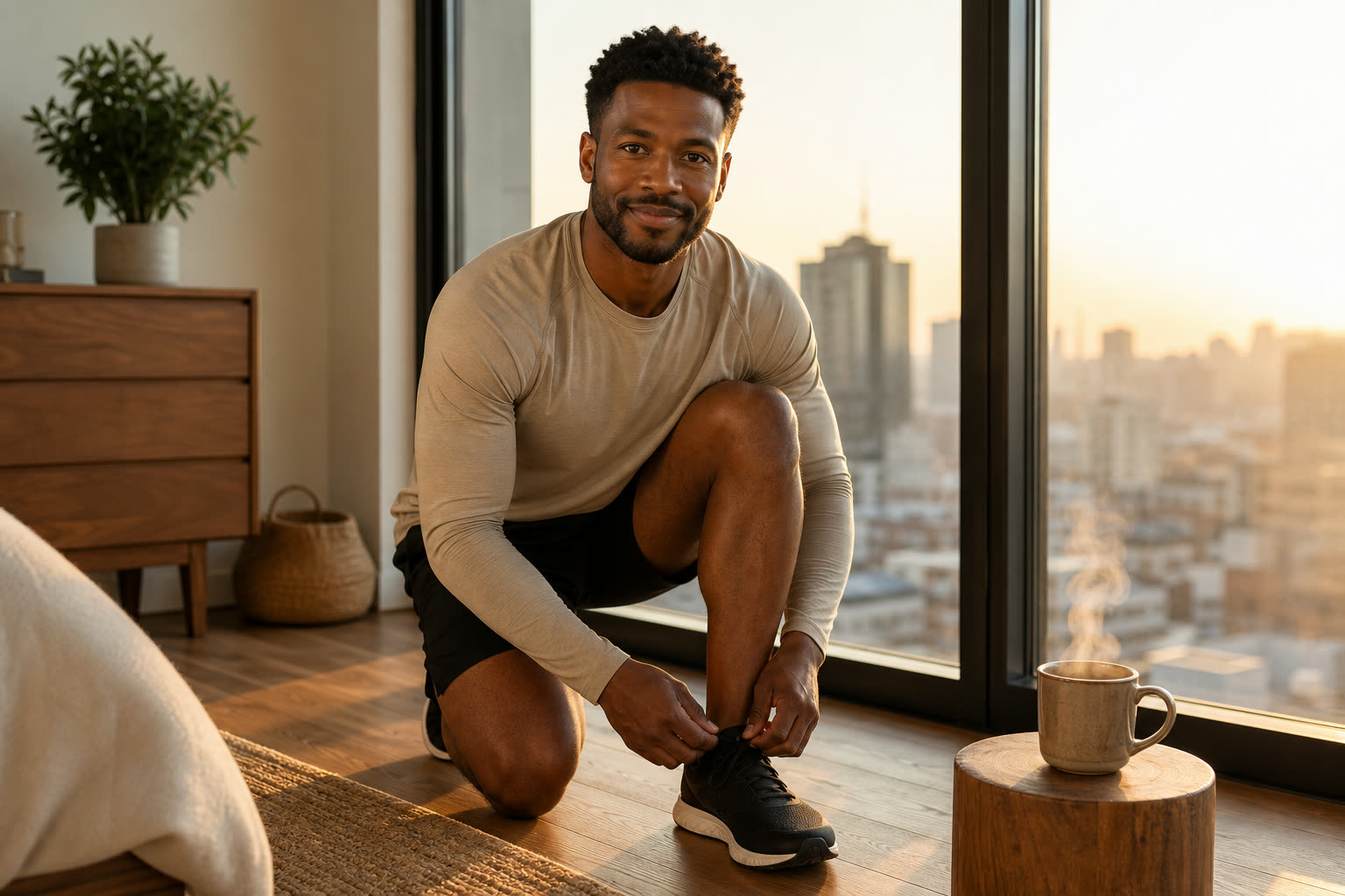 The same man lacing running shoes by a tall window at dawn, city waking beyond the glass