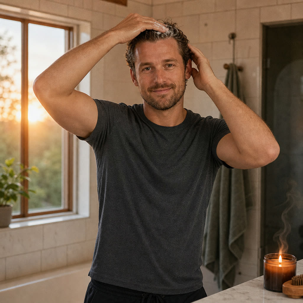 A man working a hair treatment into his scalp at his mirror in dawn light