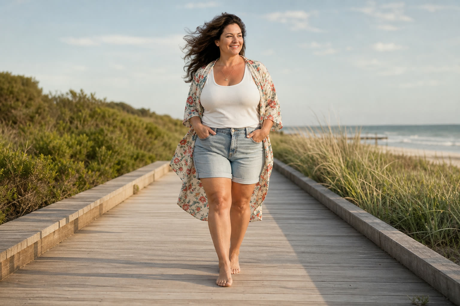 A 40s woman with a soft curvy build walking a beach boardwalk, thick hair lifted by sea air