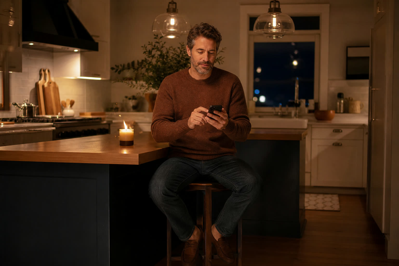 A man at a kitchen counter at night completing a short questionnaire on his phone