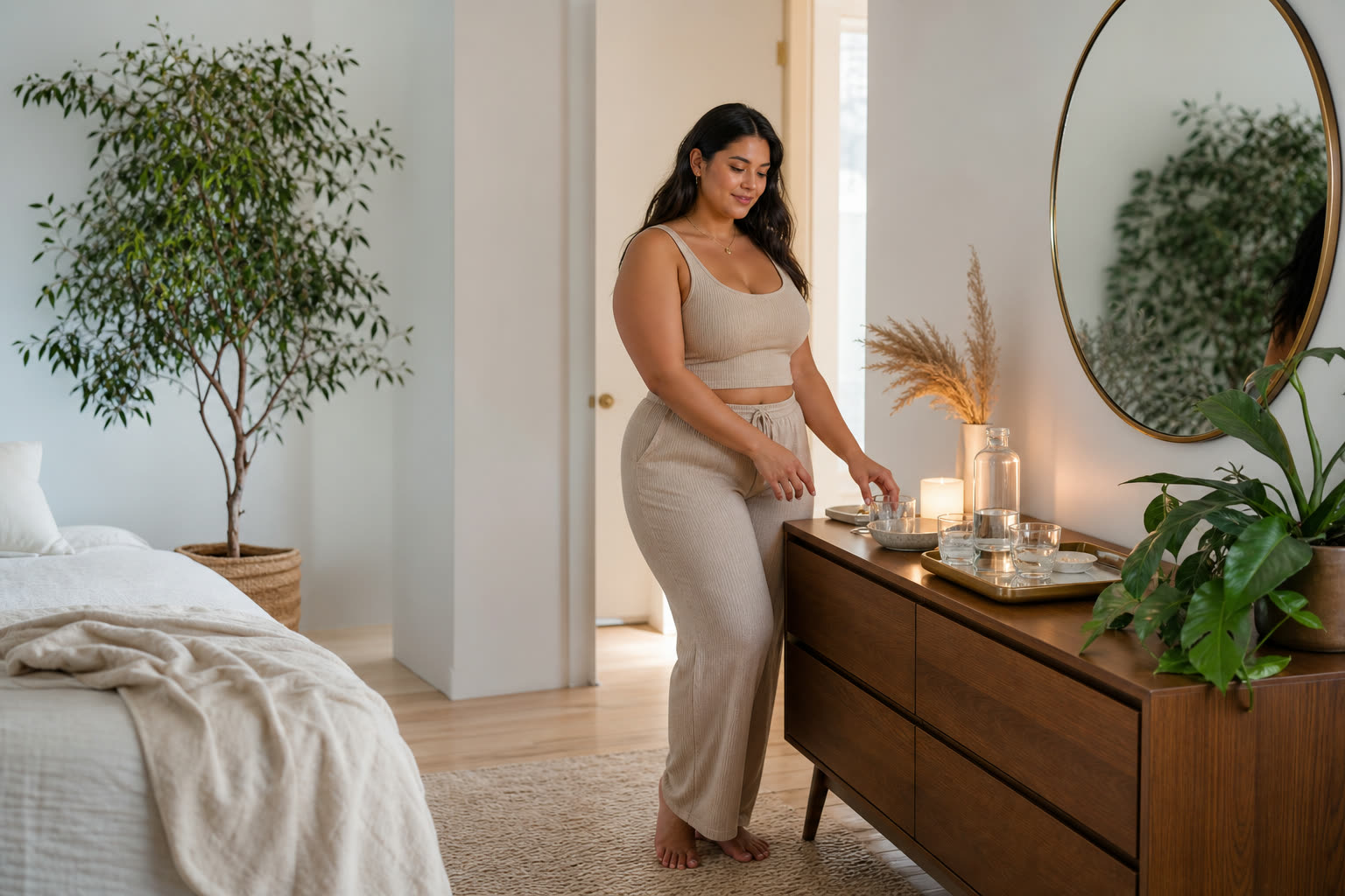 A late 20s woman with a curvy hourglass build arranging a simple weekly wellness routine on a tidy dresser top