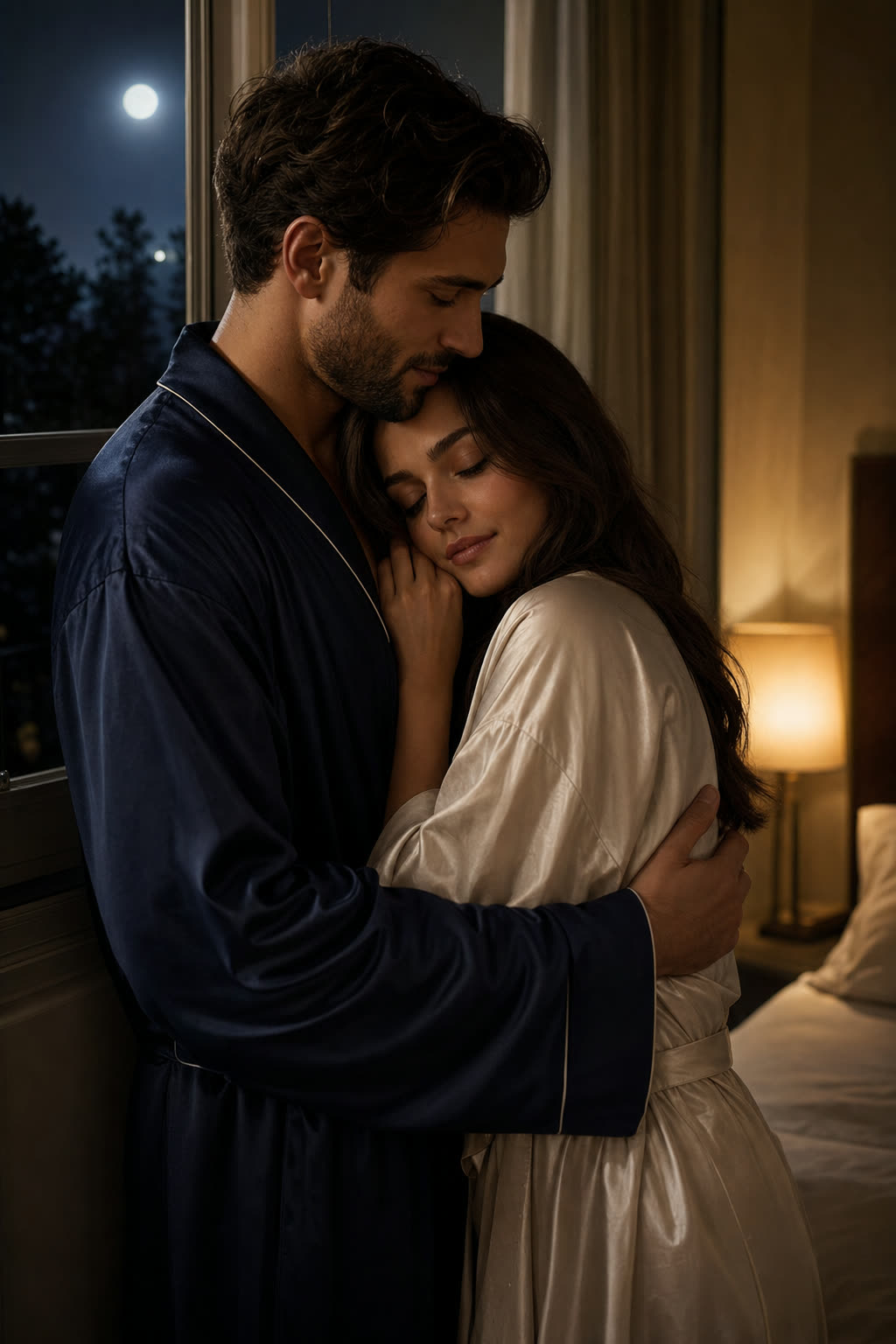 An elegant couple dancing close, foreheads touching, by candlelight