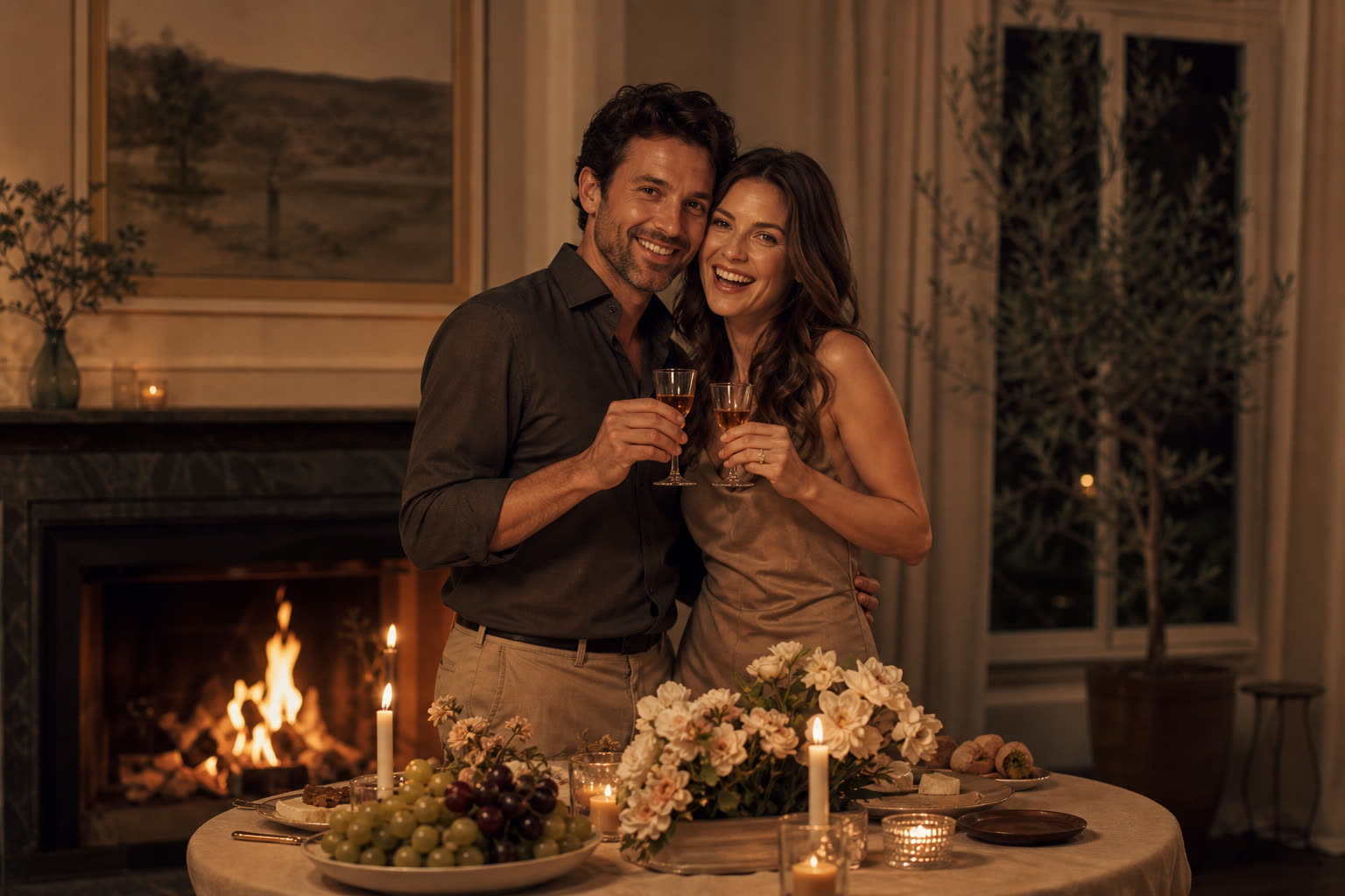 An elegant couple dancing close by candlelight at home