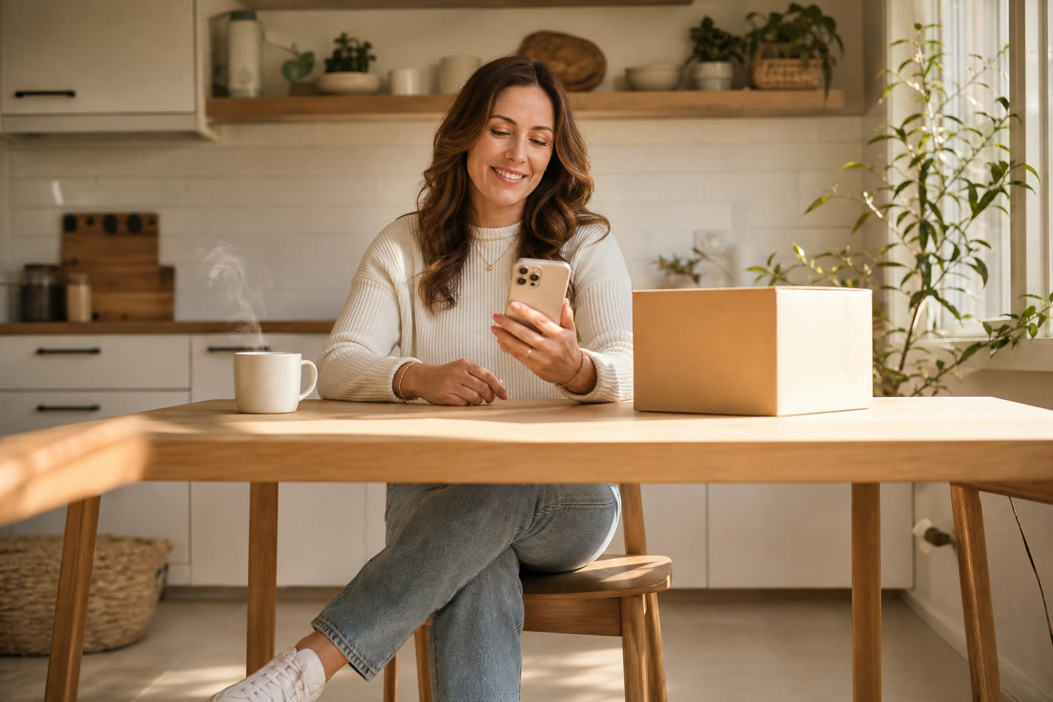 A woman reading a message at a sunlit kitchen table beside a plain unmarked delivery box