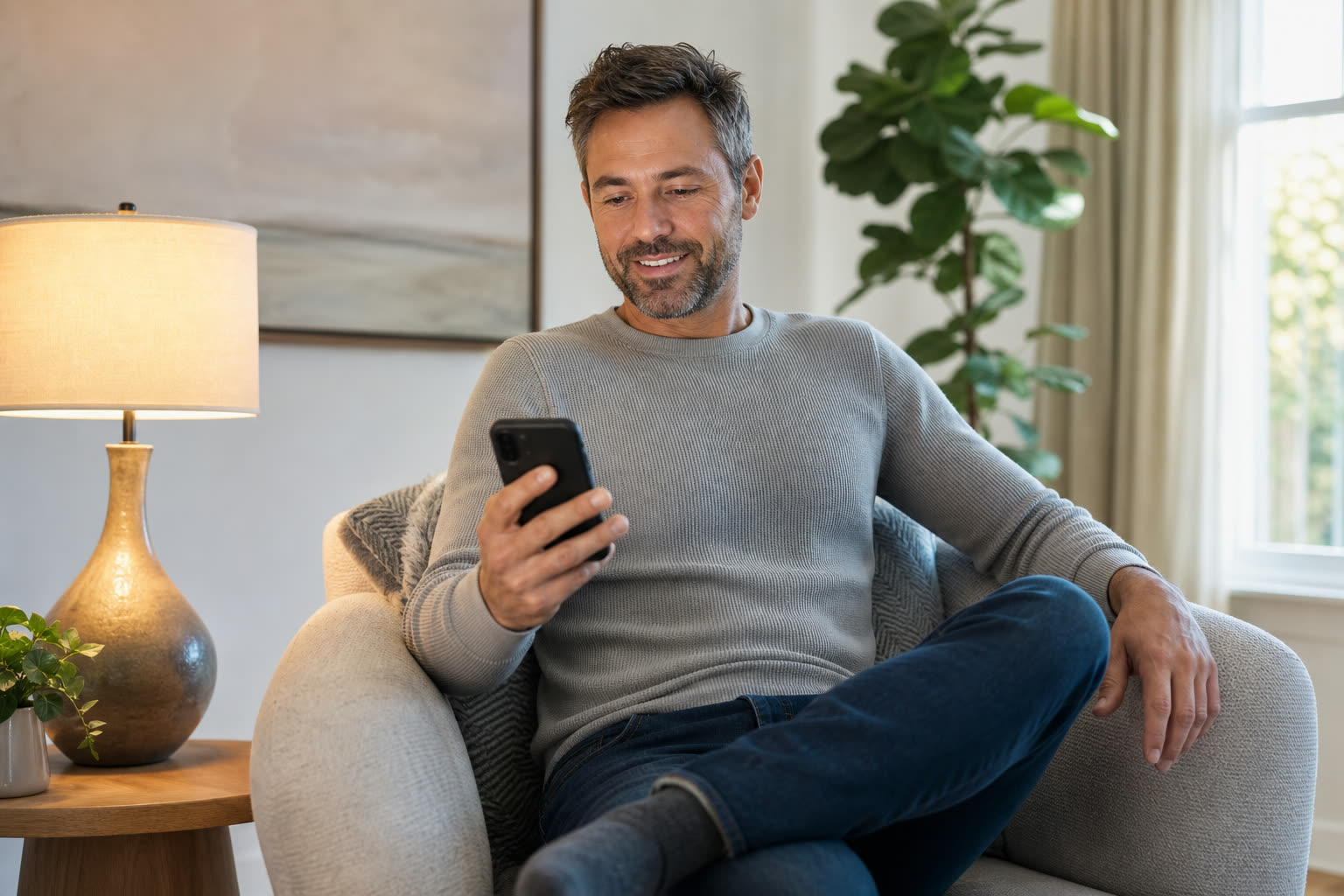 A 40s man with a athletic build reading an encouraging message from their care team on a phone, smiling in lamplight
