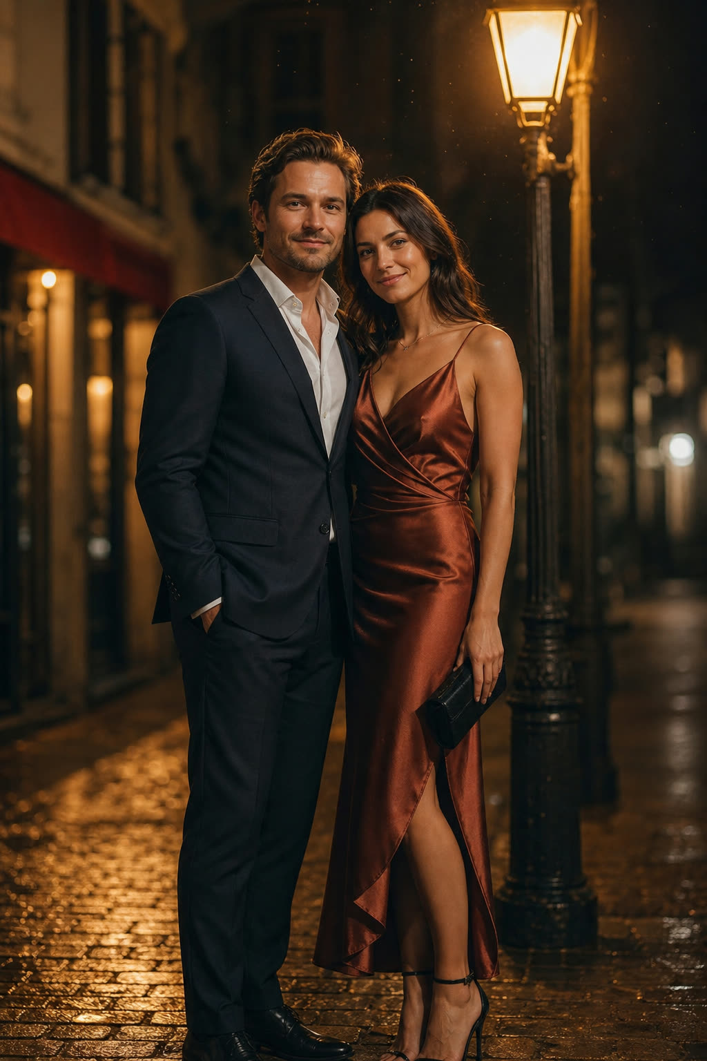An elegant couple dancing cheek to cheek under a warm streetlight at night