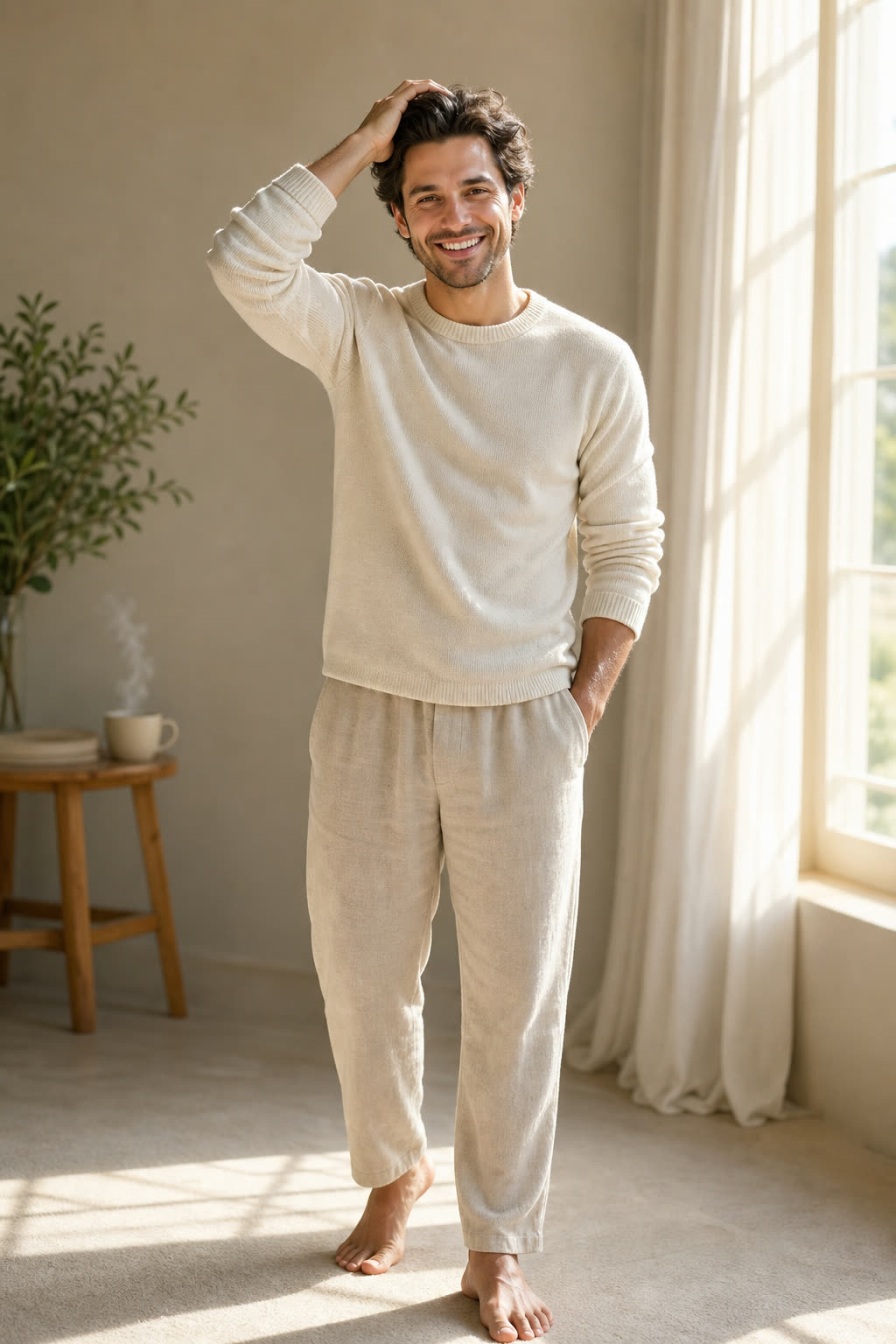 A grinning man adjusting thick healthy hair in bright morning light