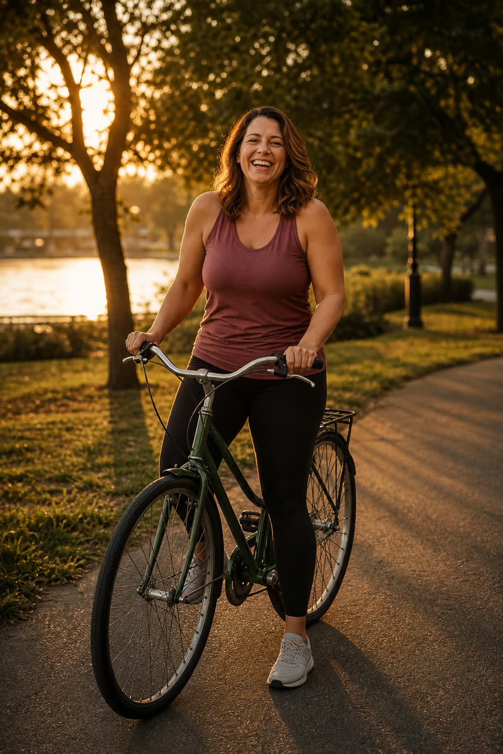 A laughing woman pausing with her bicycle in a golden-hour park
