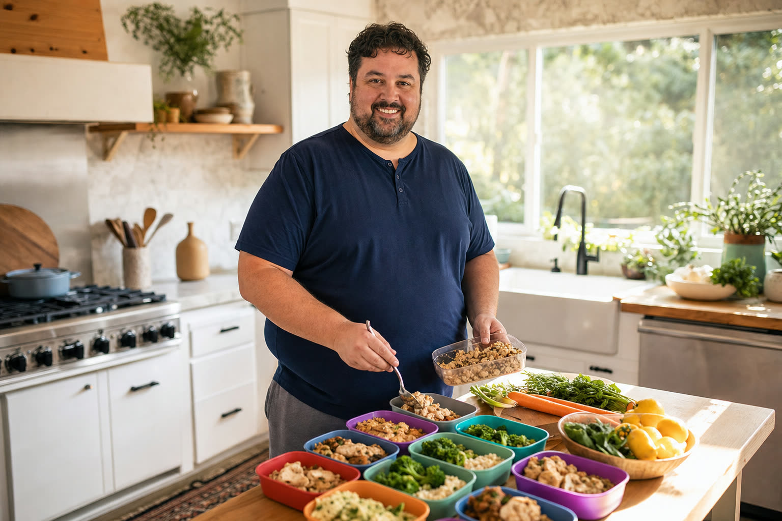 A heavier man mid-journey filling meal-prep containers with a satisfied smile