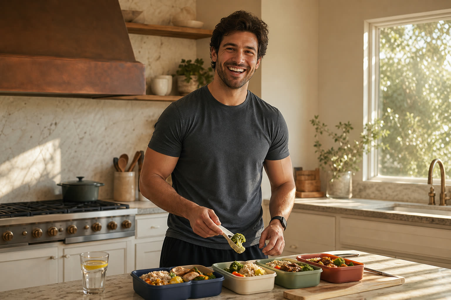 A laughing man filling colorful meal-prep containers in a bright kitchen