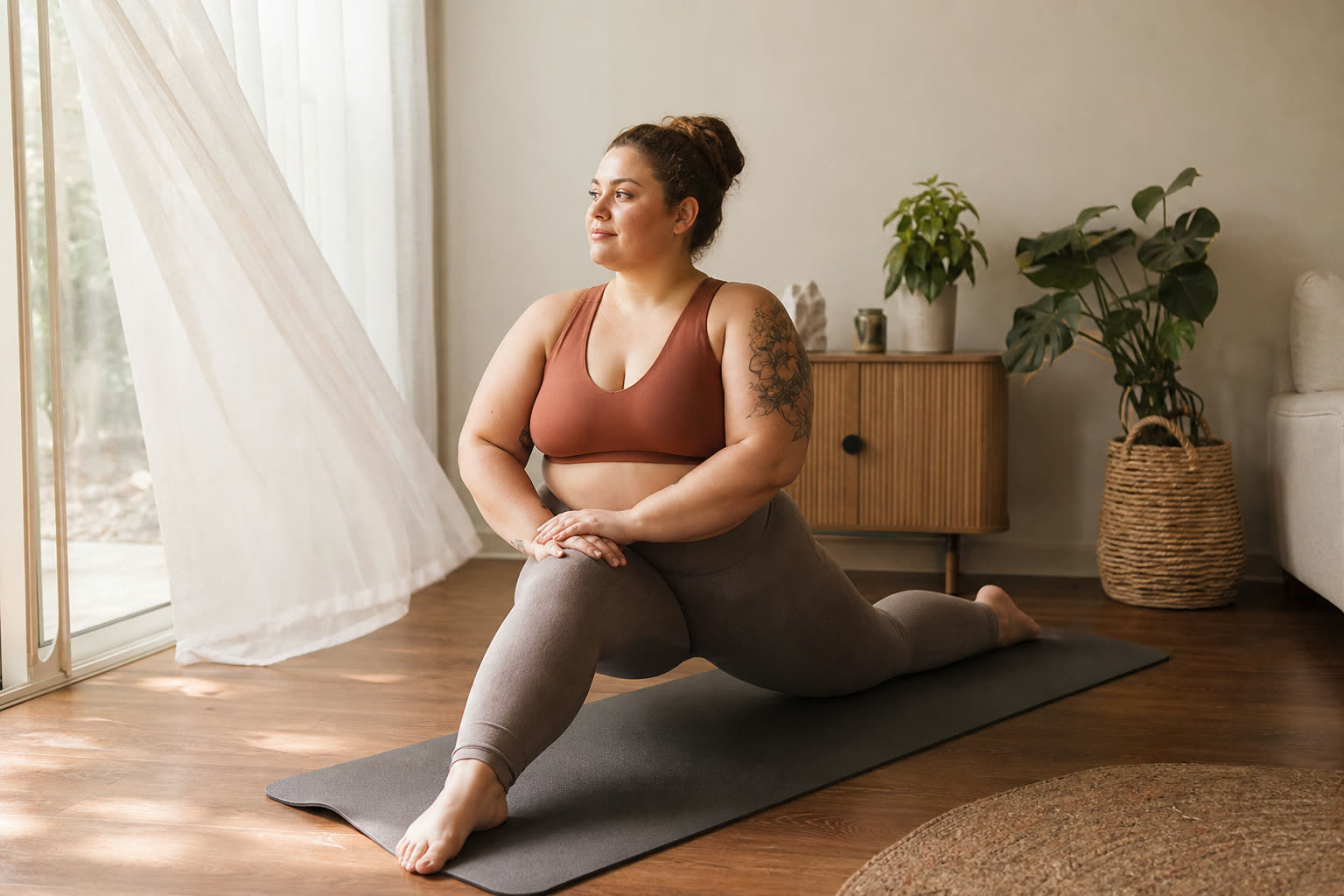 A late 20s woman with a full-figured curvy build holding a steady yoga stretch on a mat in a calm living room