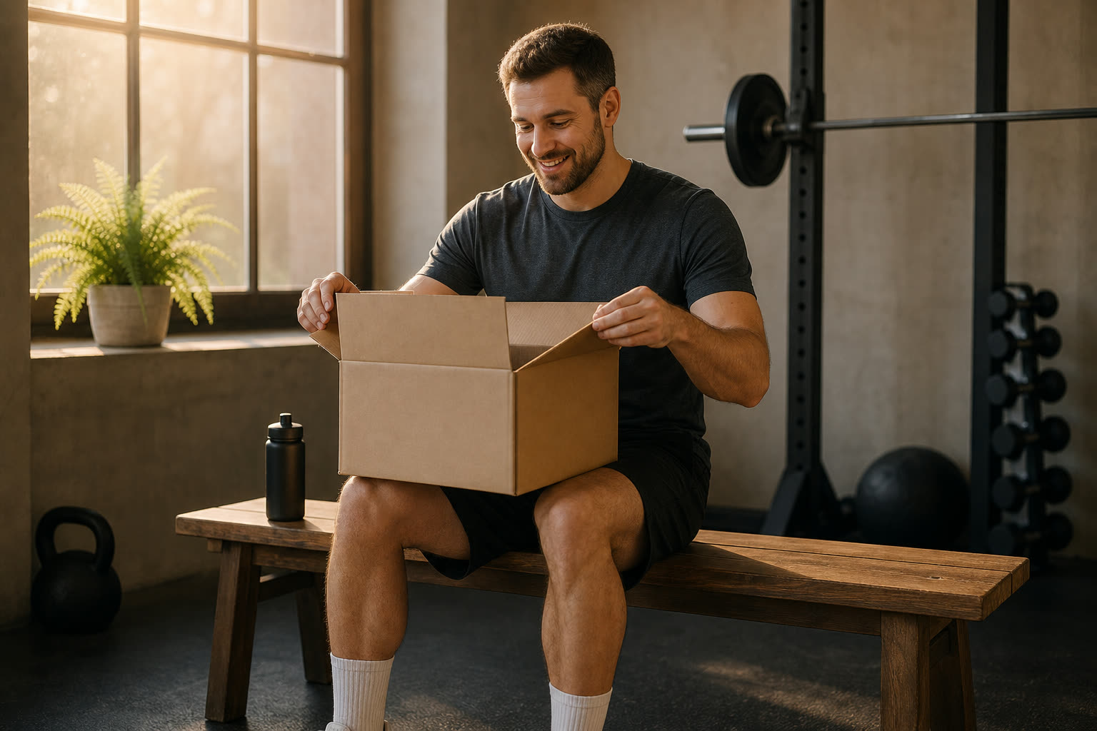 A man opening a plain unmarked delivery box in warm gym window light