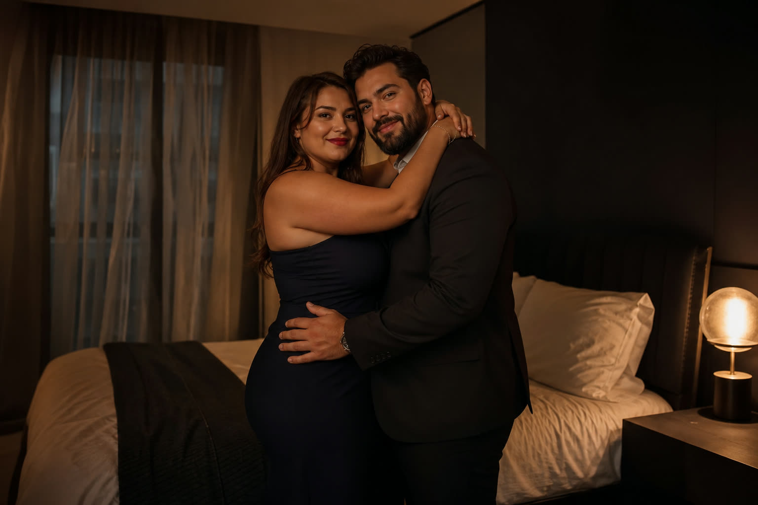 A couple standing at the foot of the bed in soft lamplight, arms around each other, smiling