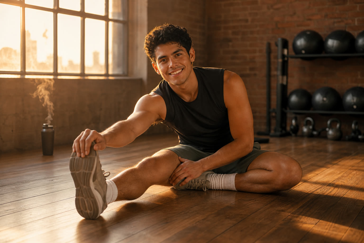 The young man stretching on a gym floor in wide golden window light, grinning