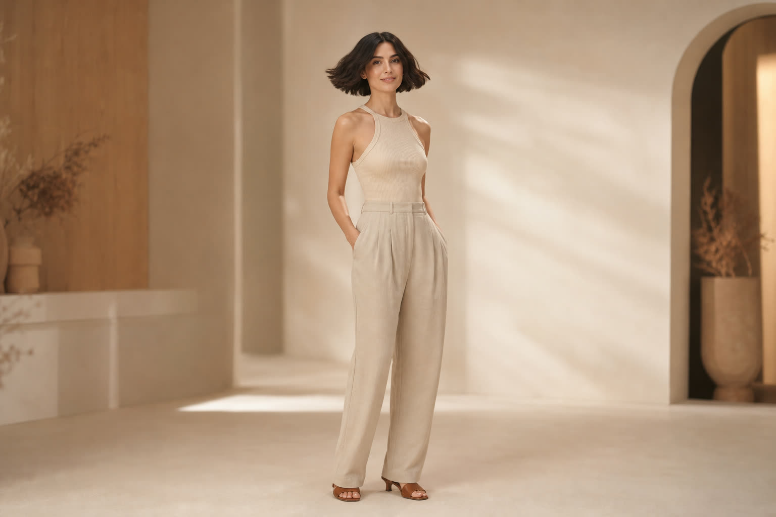 A slender woman in her 30s with a glossy dark bob catching the light as she turns