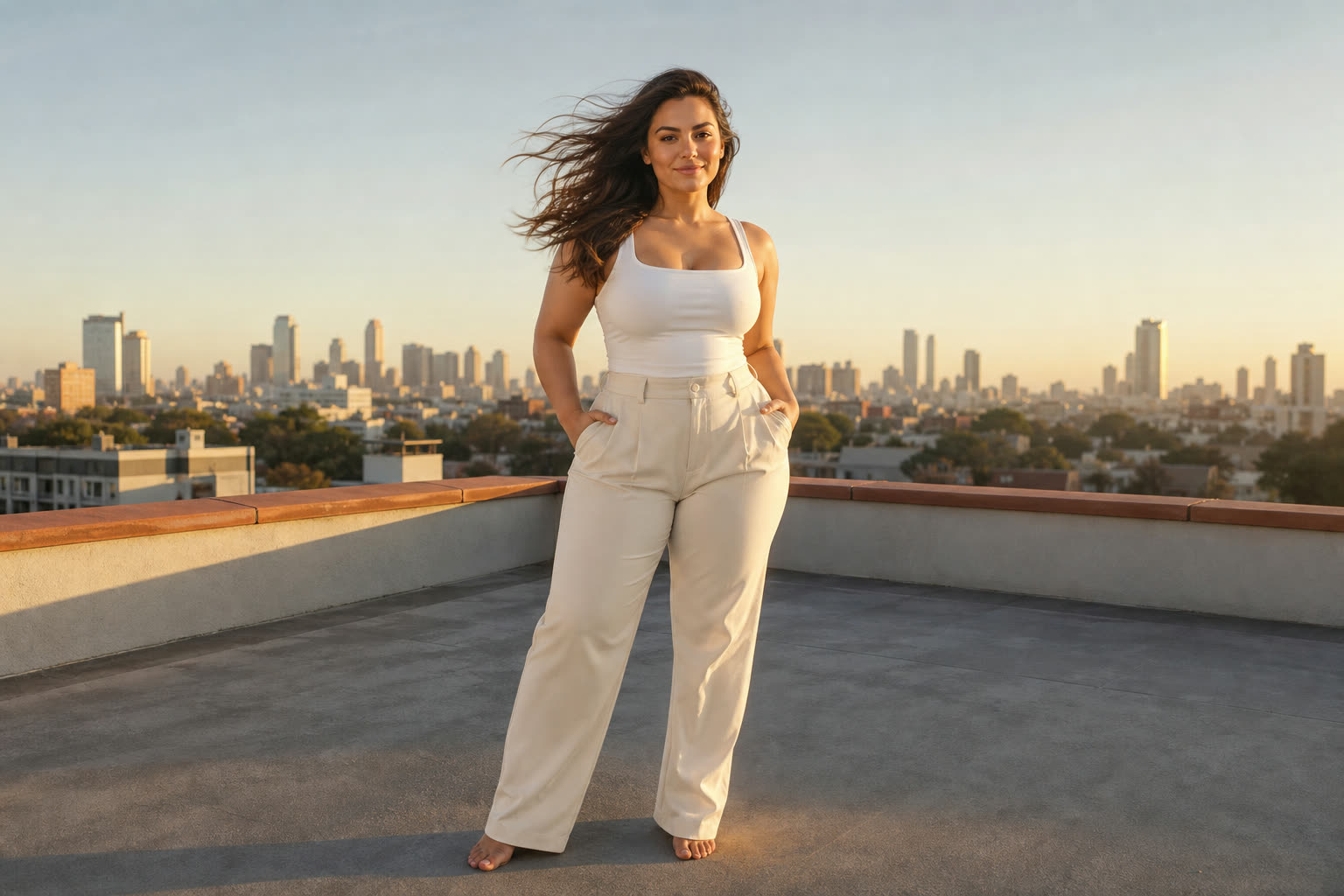 A early 30s woman with a curvy hourglass build on a rooftop at golden hour, hair caught in the wind