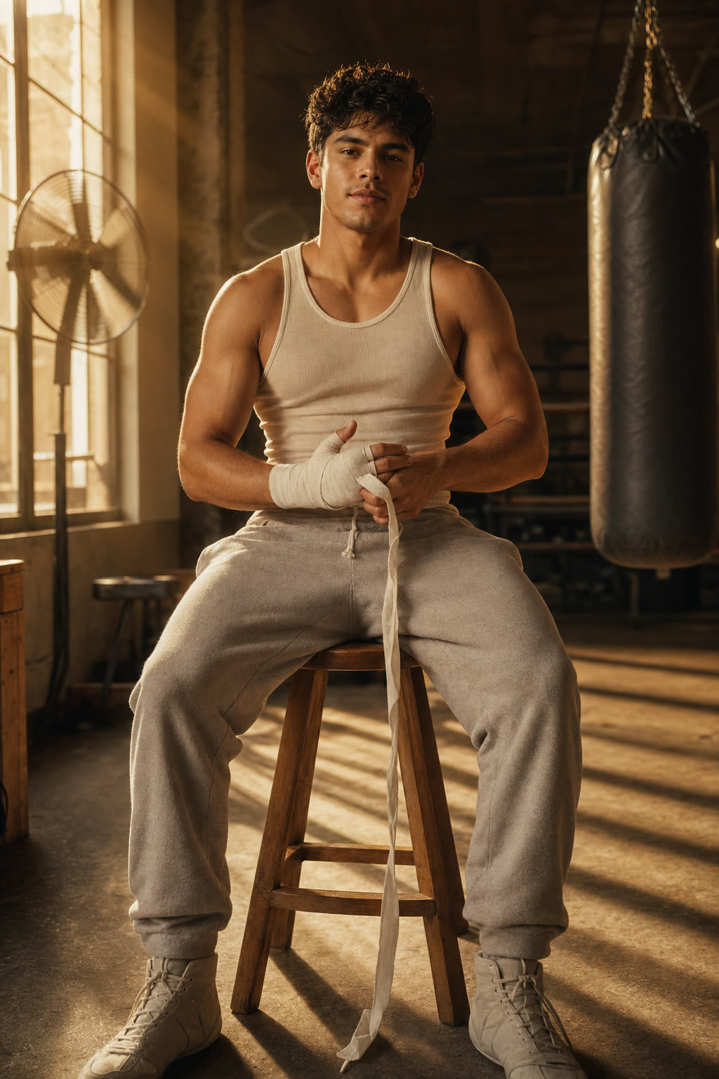 A young man wrapping his hands in a warm sunlit gym, focused half-smile