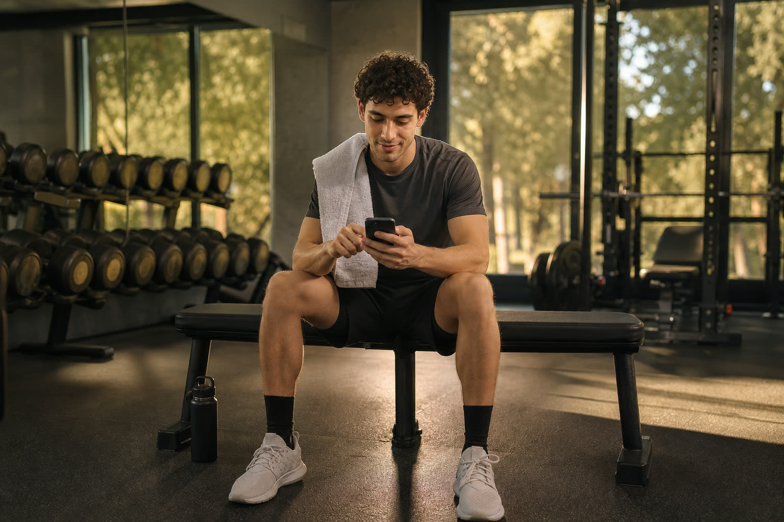 A young man on a gym bench completing a short questionnaire on his phone