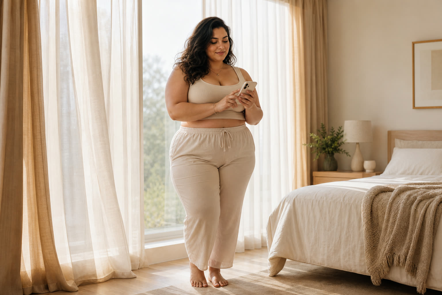A early 20s woman with a plus-size build setting a weekly reminder on a phone by a sunny window