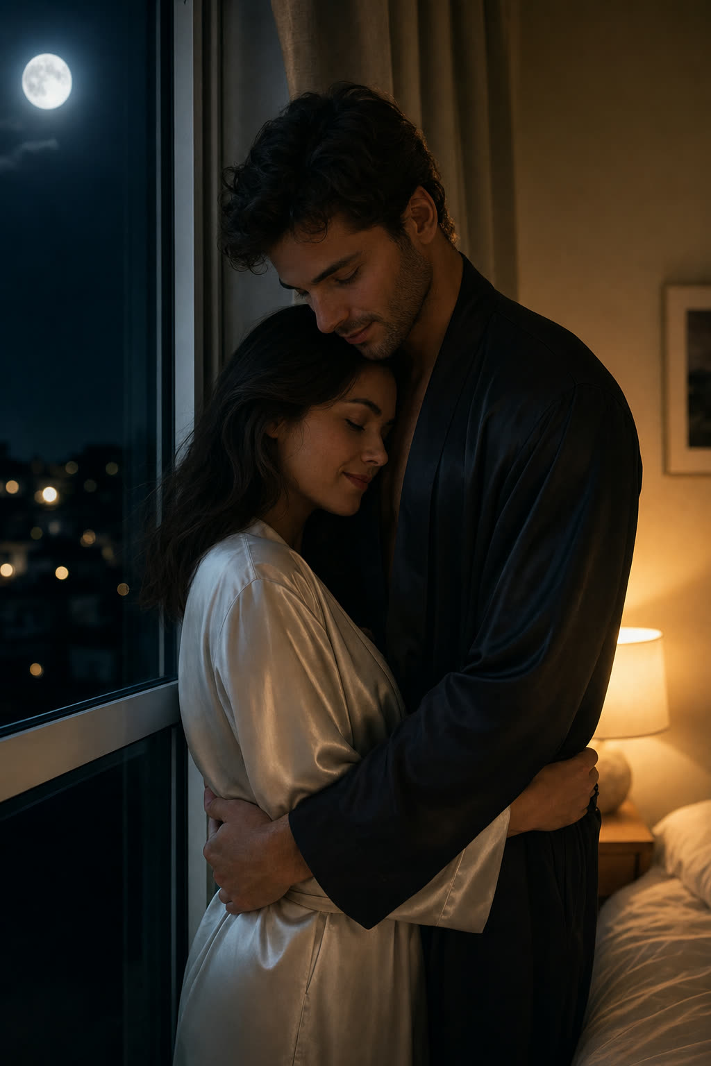 A young couple dancing cheek to cheek by warm lamplight