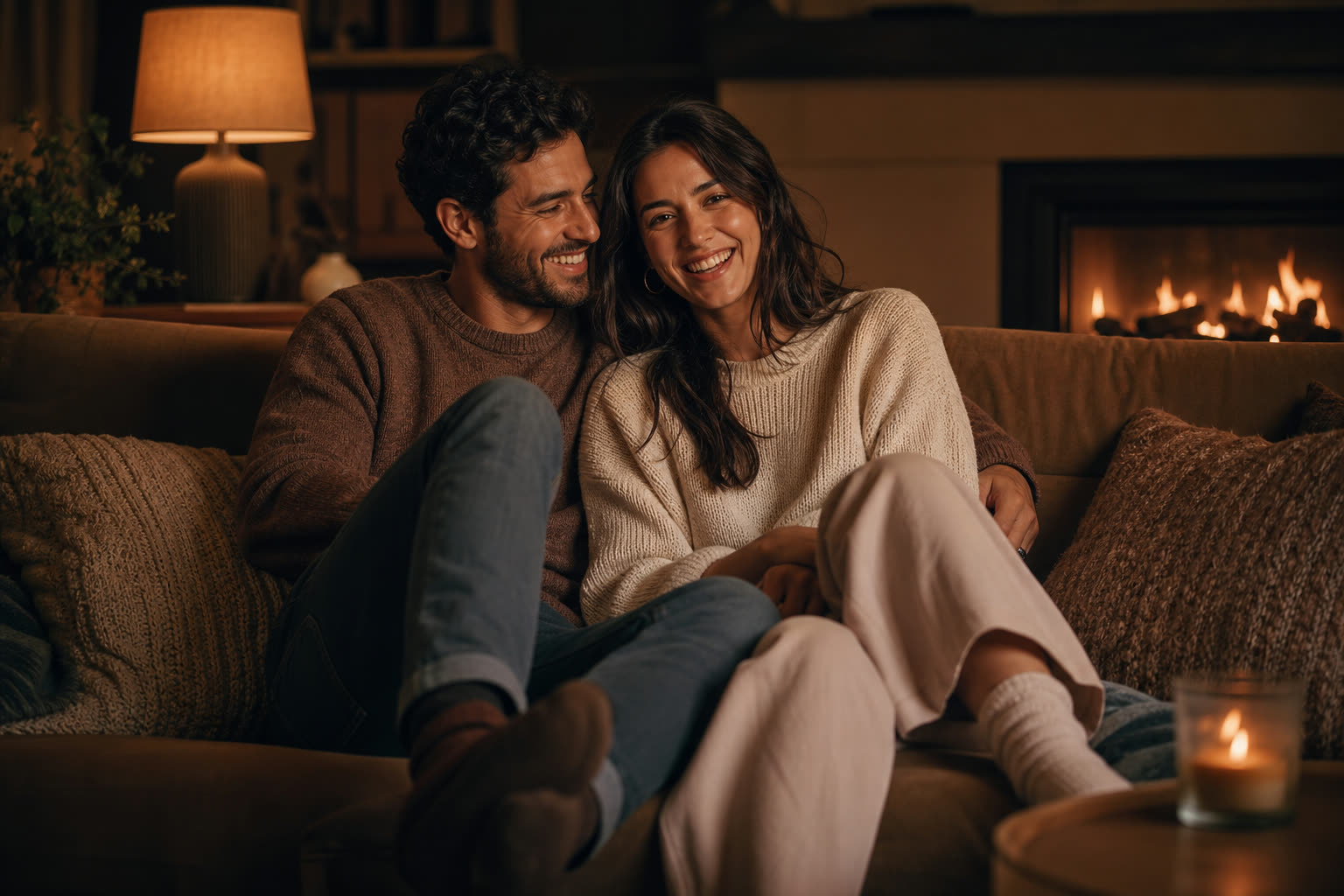 A young couple holding each other close in warm lamplight