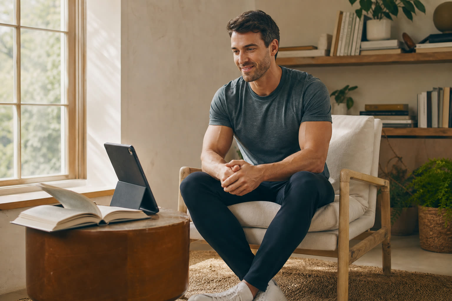 A early 30s man with a fit muscular build nodding along to advice on a tablet propped in a sunny reading nook