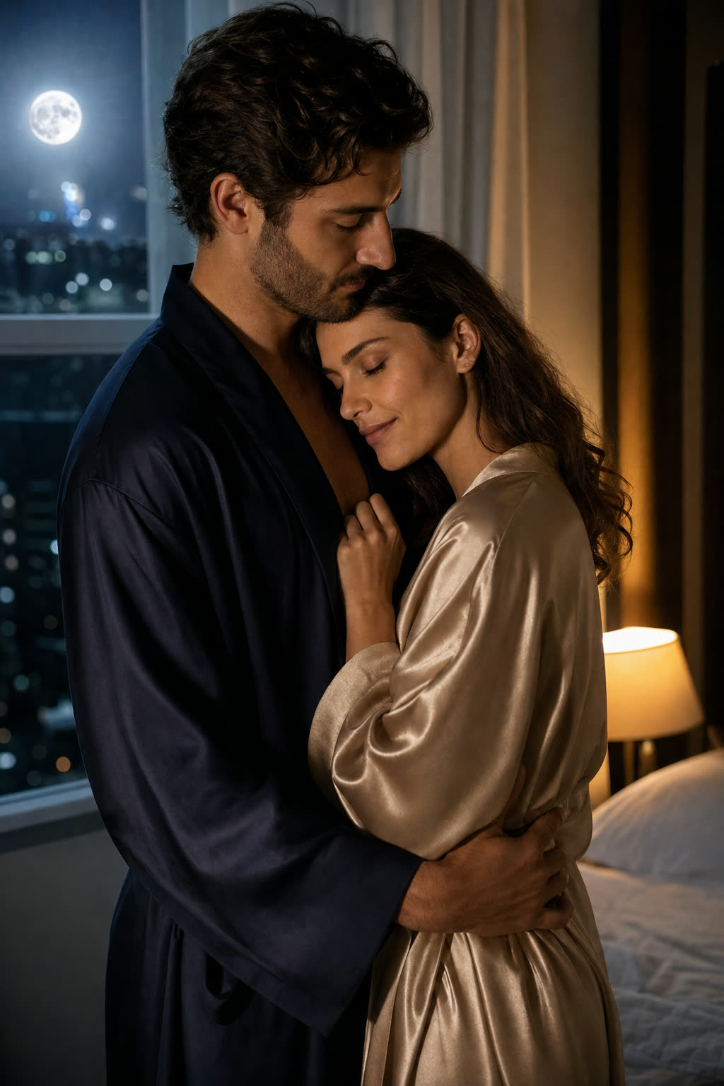 A young couple dancing cheek to cheek under warm string lights
