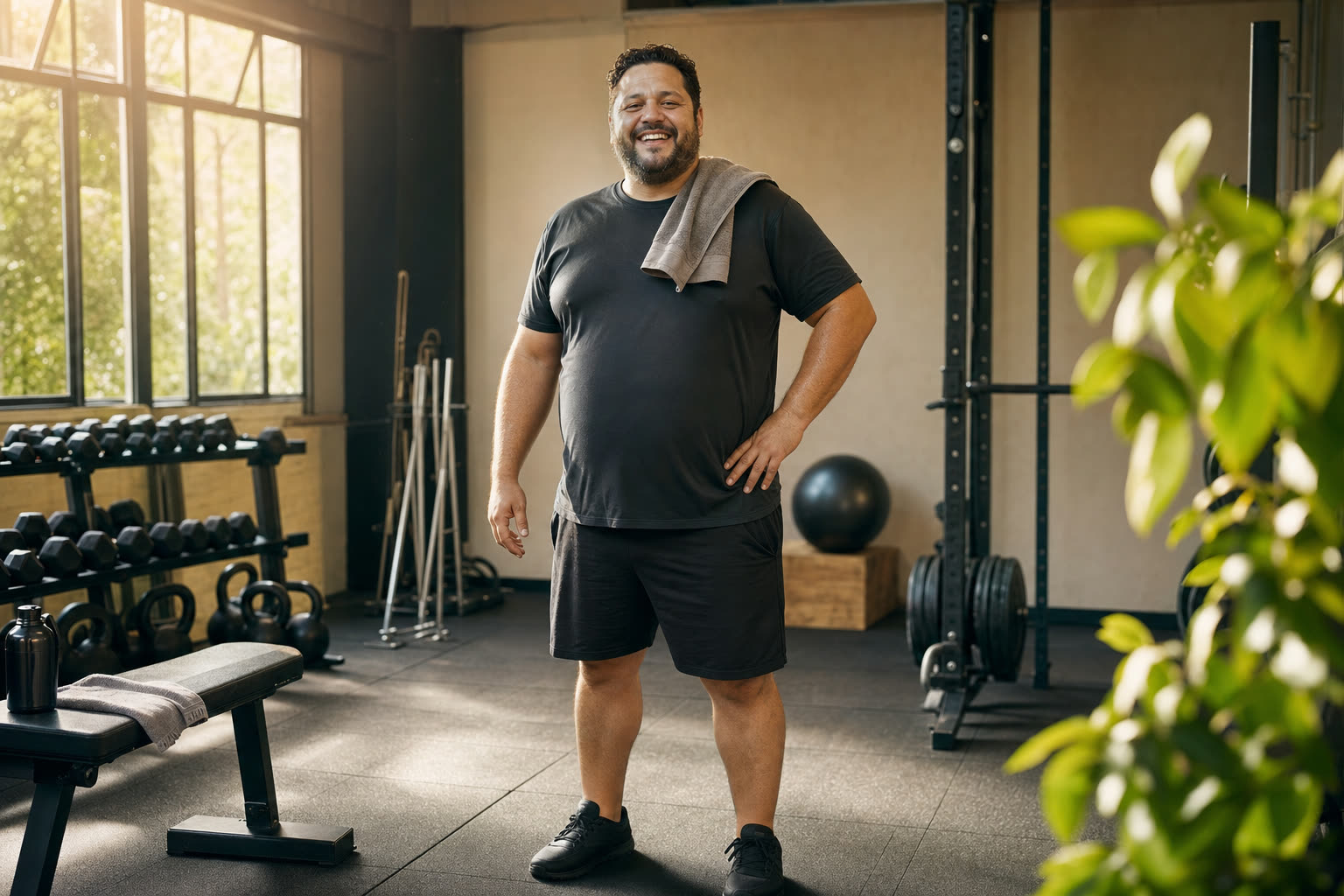 A heavier man mid-journey grinning after a set on a sunlit gym floor
