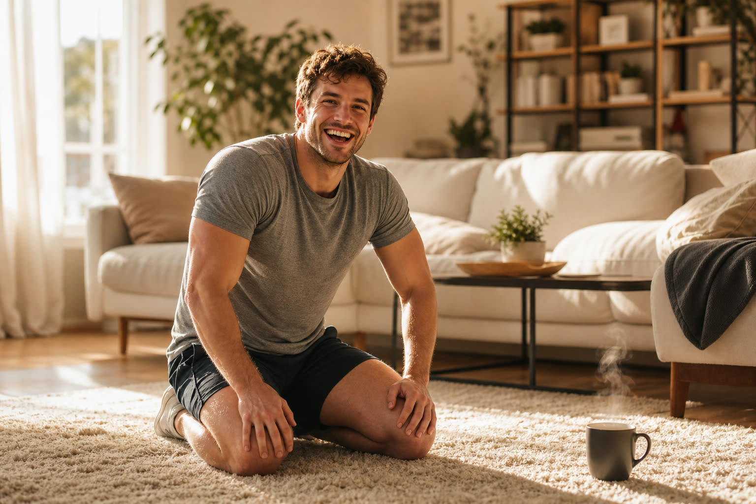 A man laughing as he rests between push-up sets on a living room rug