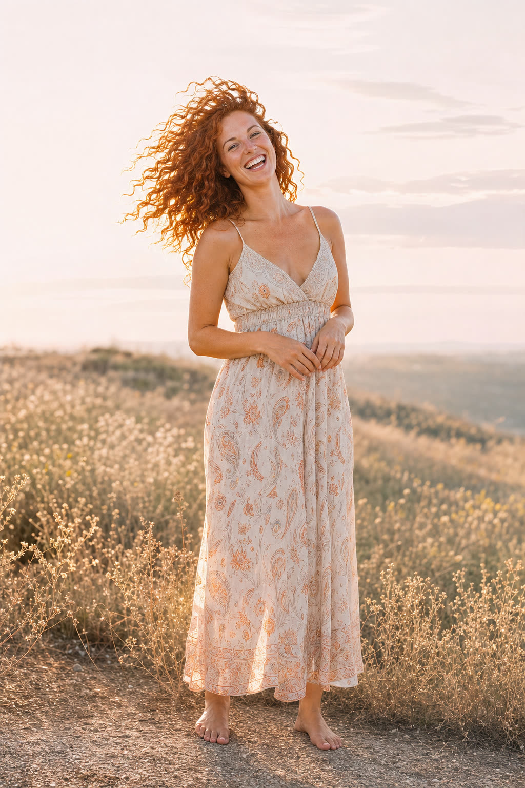 In luminous window light, a person touches their full, healthy hair and smiles toward the open door