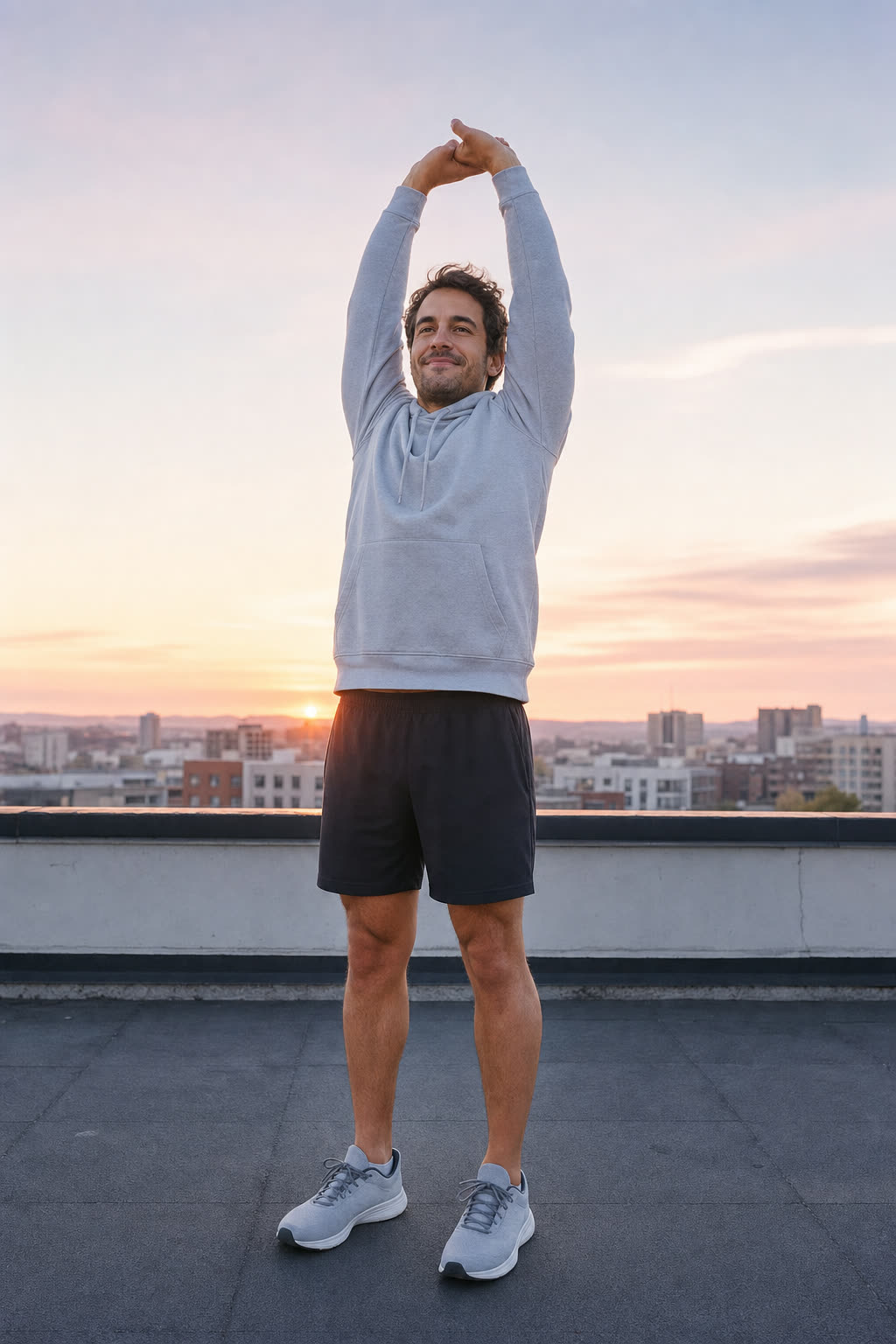 A person in soft morning light steps through a bright doorway in comfortable athletic wear, at ease and ready