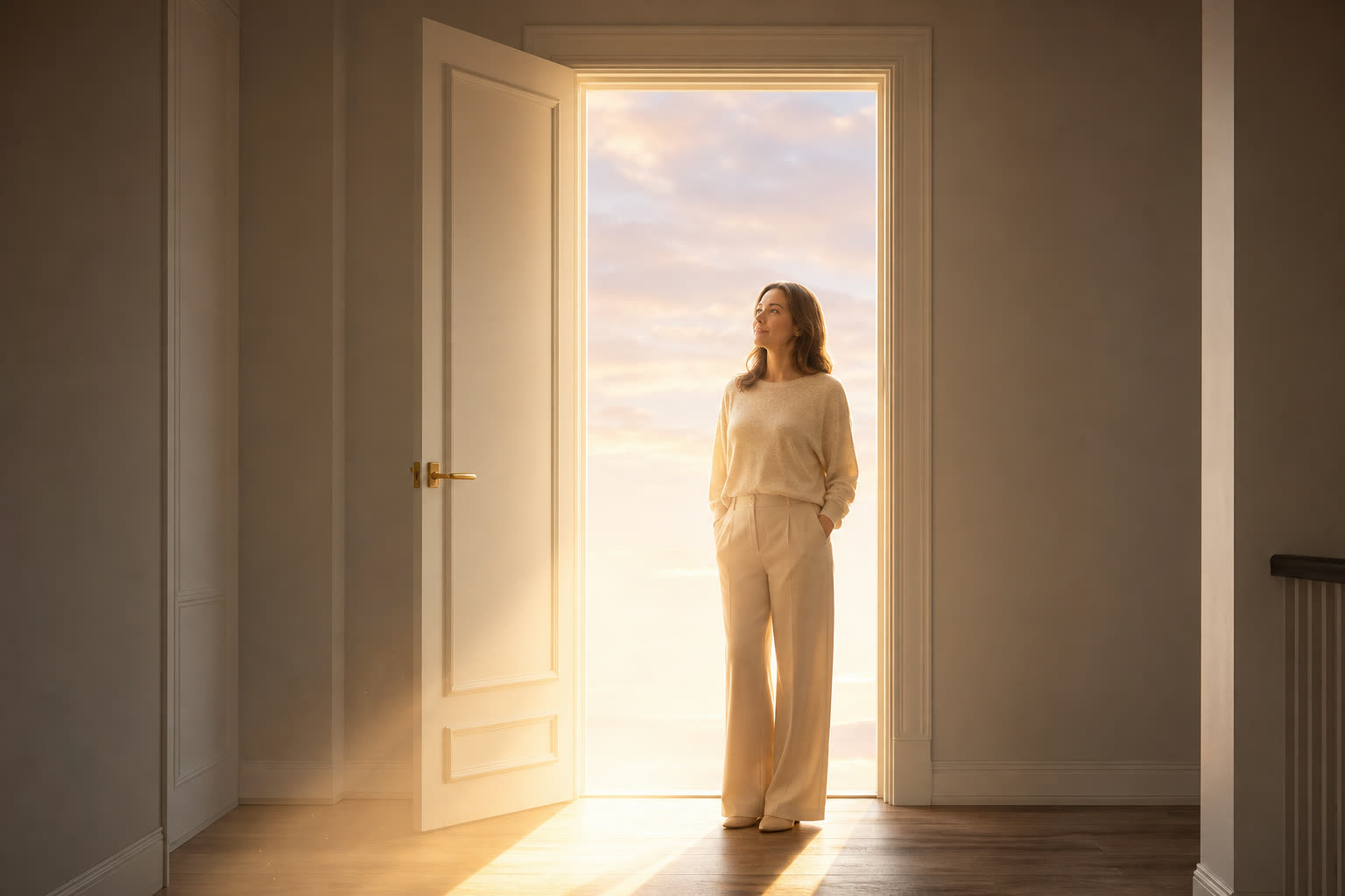 An open doorway pours warm light into a pale, quiet room, the threshold glowing where the two meet