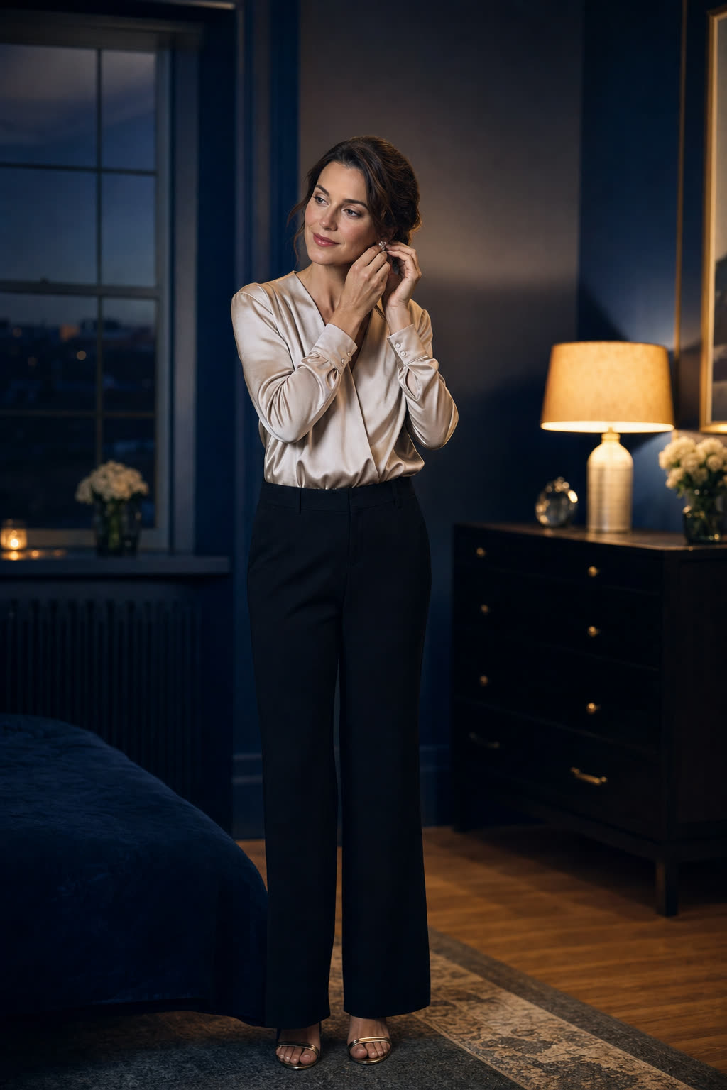 In low amber lamplight, a person finishes getting ready for an evening out, fastening a cuff with a small private smile
