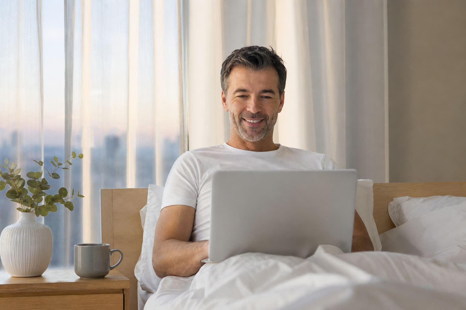 Morning light spills across a calm bedroom where a person stretches awake, unhurried and rested