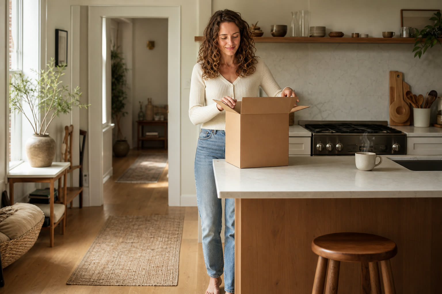A woman opening a plain unmarked delivery box at her kitchen counter in warm morning light