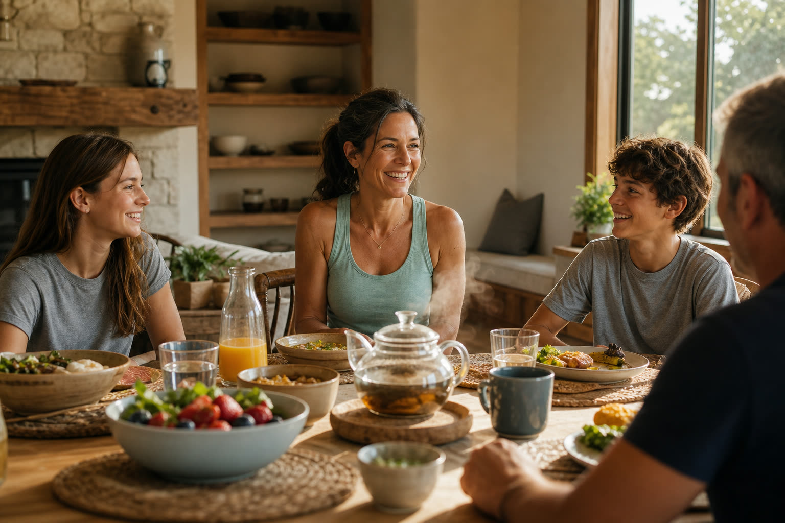 A early 50s woman with a athletic build sharing a healthy breakfast with family, laughing mid-conversation