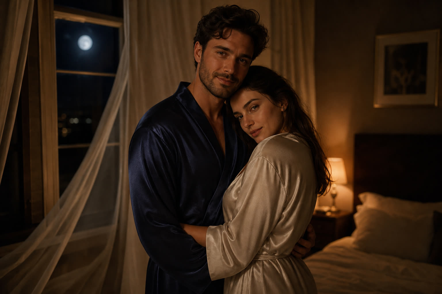 A couple standing beside the bed in warm lamplight, wrapped in an embrace