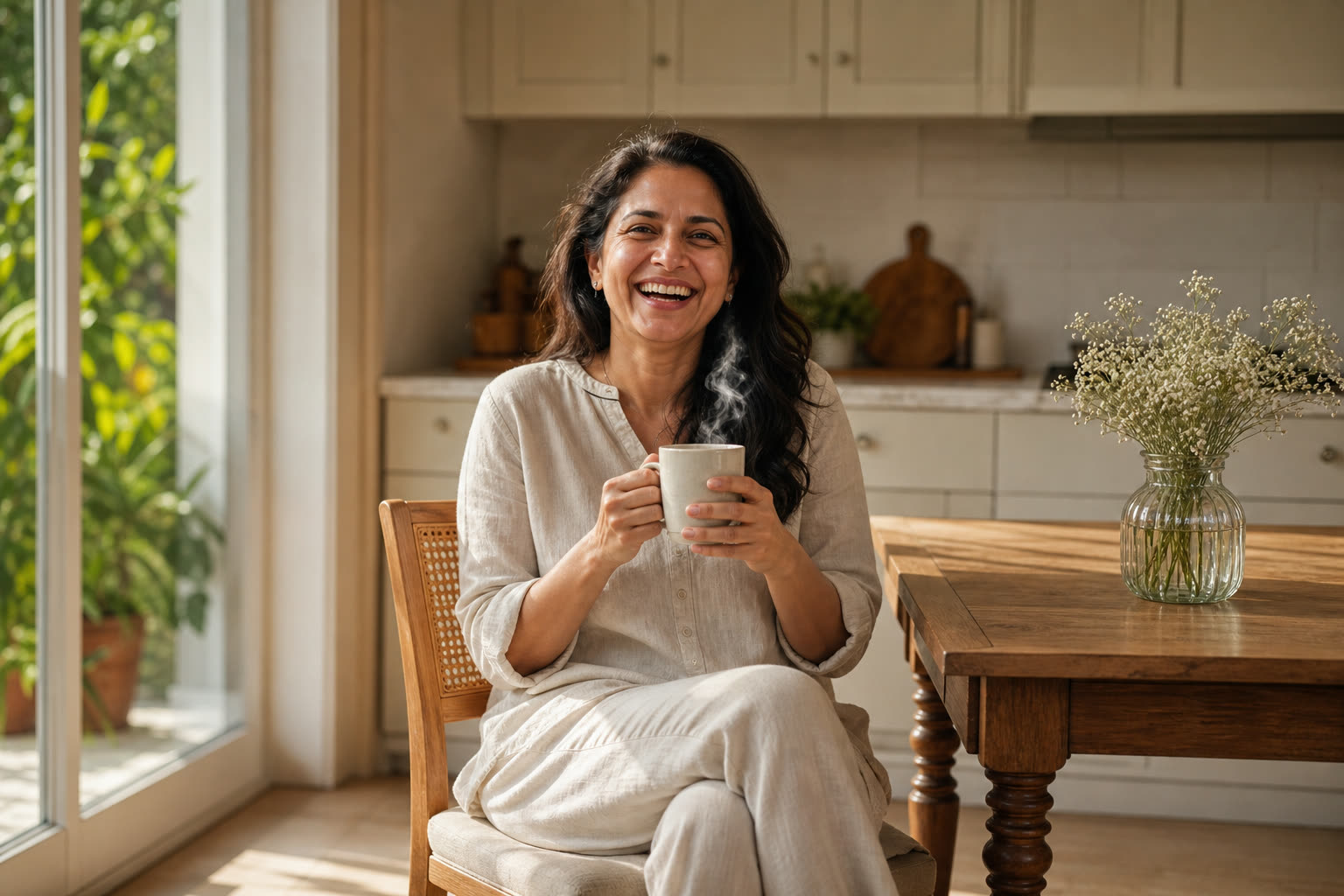 The same woman laughing openly at a kitchen table in morning light, hands around a mug