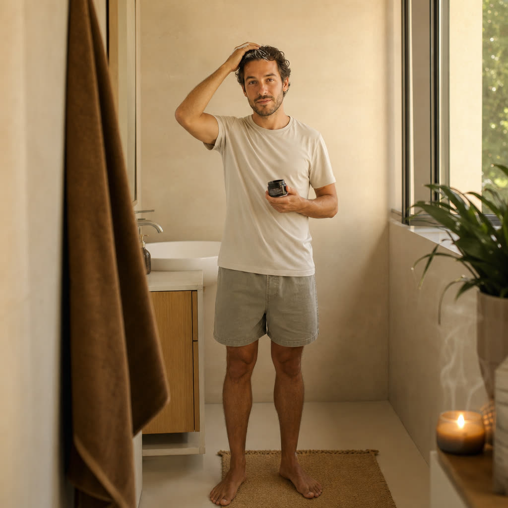 A man applying a hair treatment at his mirror in soft morning light