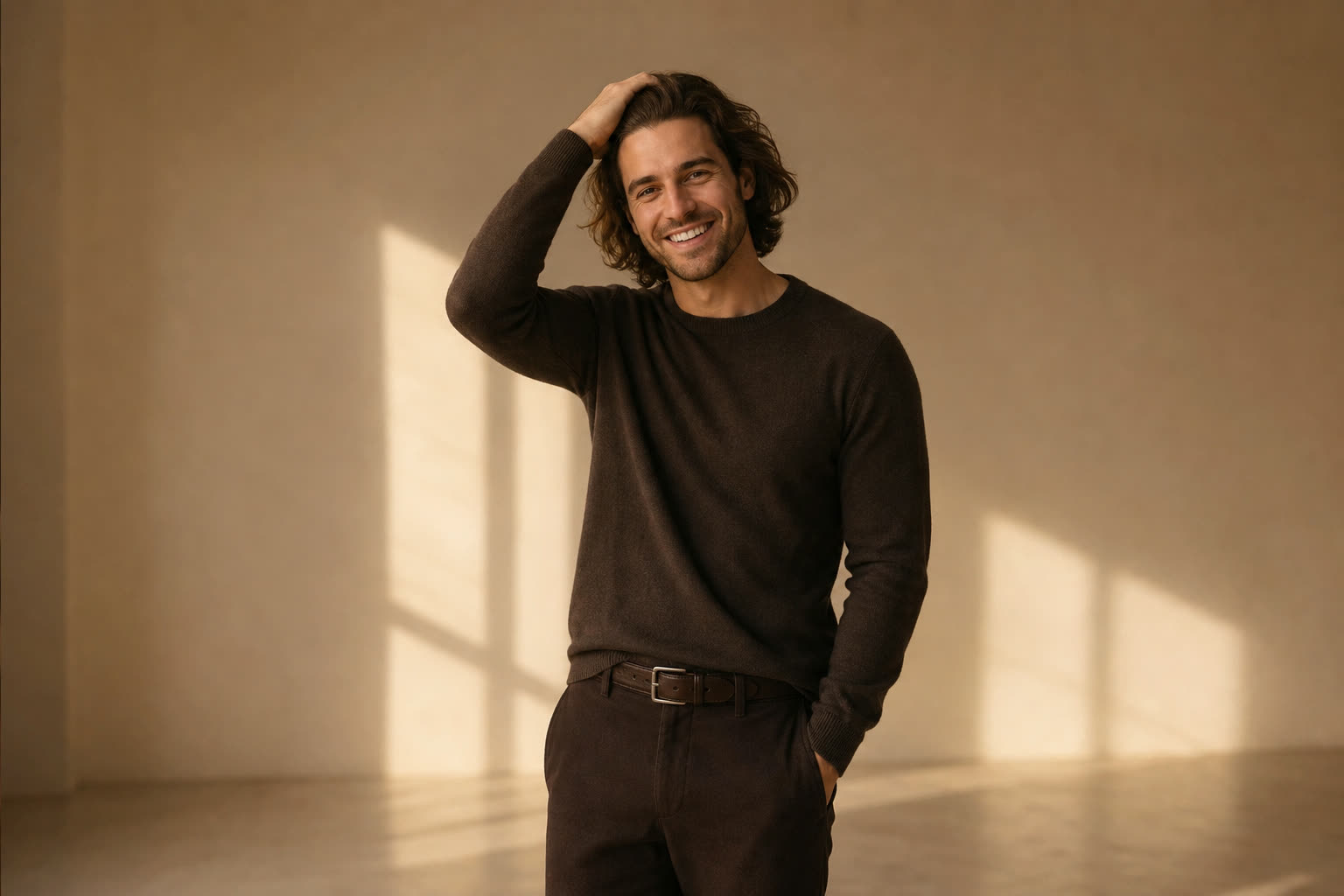 A man in his 20s with shoulder-length hair pushed back by his hand, smiling wide