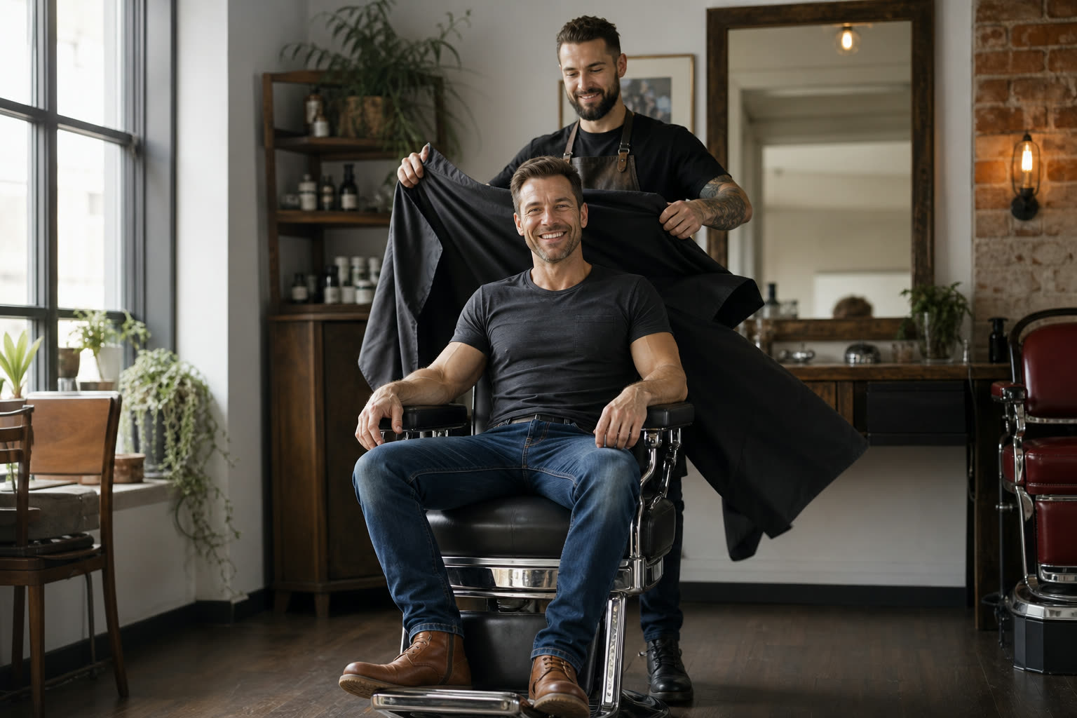 A late 30s man with a fit muscular build leaning back in a barber chair as the cape is pulled away, grinning