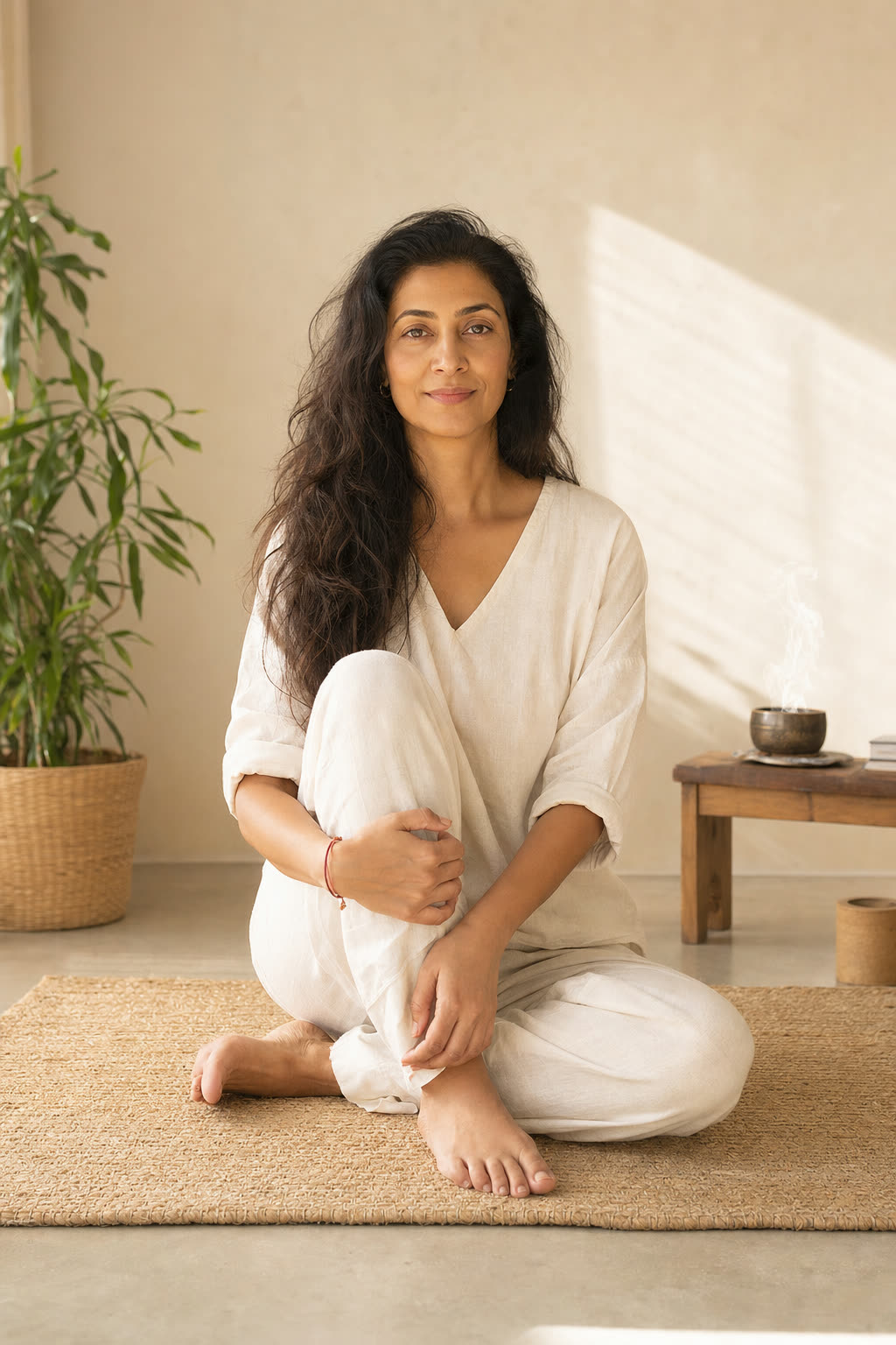 A bare-faced woman meeting the camera with a direct, serene gaze in warm ivory light