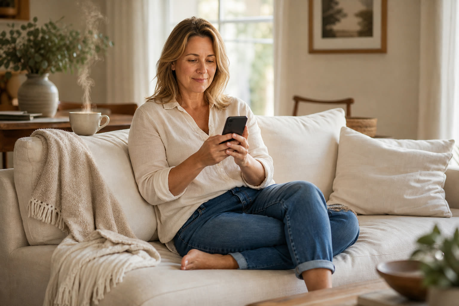 A bare-faced woman on her sofa completing a short questionnaire on her phone