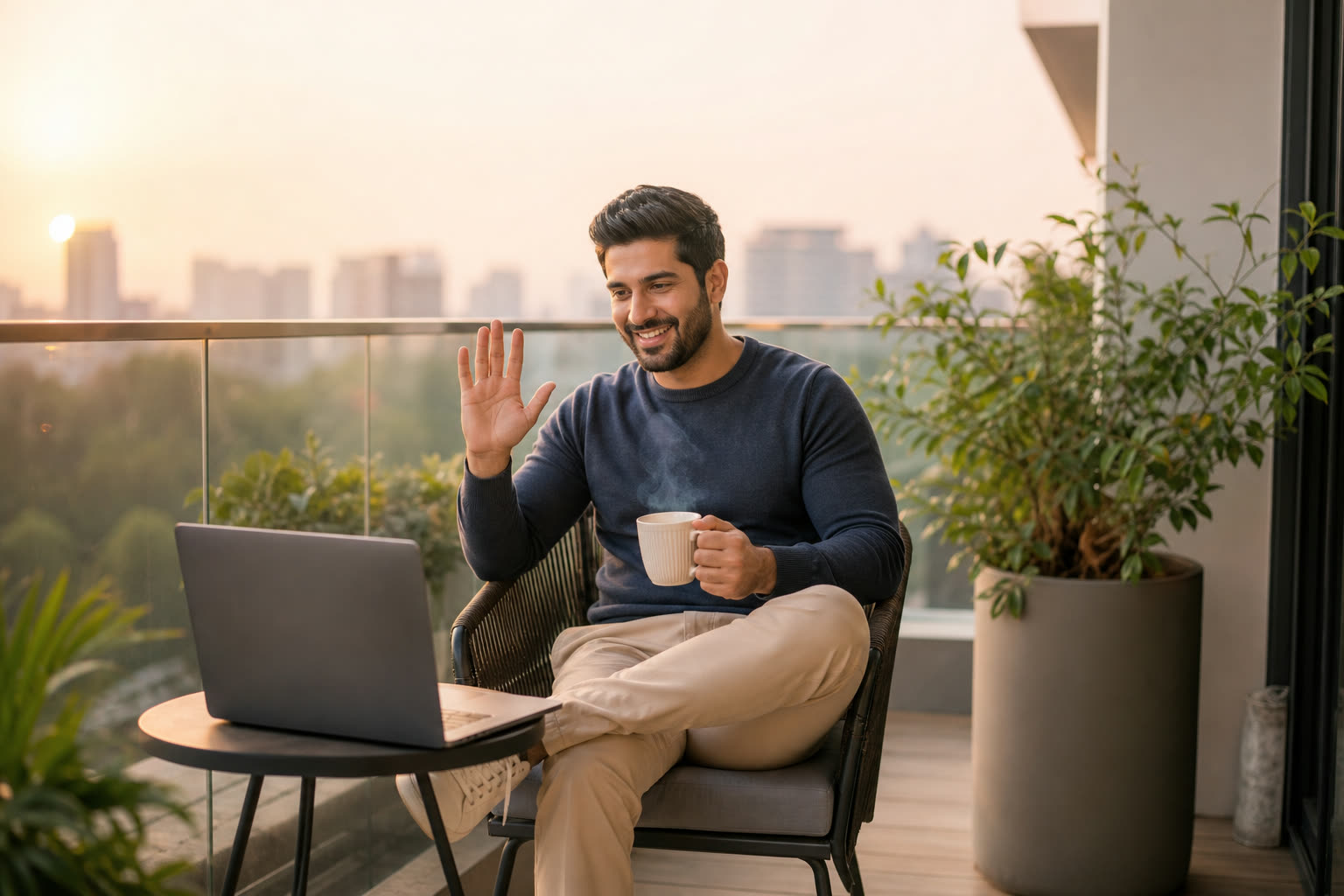 A mid-20s man with a broad-shouldered stocky build waving at a follow-up video call on a balcony with tea